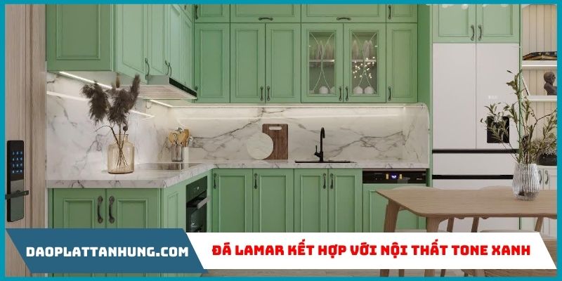 Đá bàn bếp Lamar trắng vân mây kết hợp với nội thất tone xanh- phù hợp theo phong thủy bản mệnh gia chủ Đá bàn bếp Lamar trắng vân mây kết hợp với nội thất tone xanh- phù hợp theo phong thủy bản mệnh gia chủ
