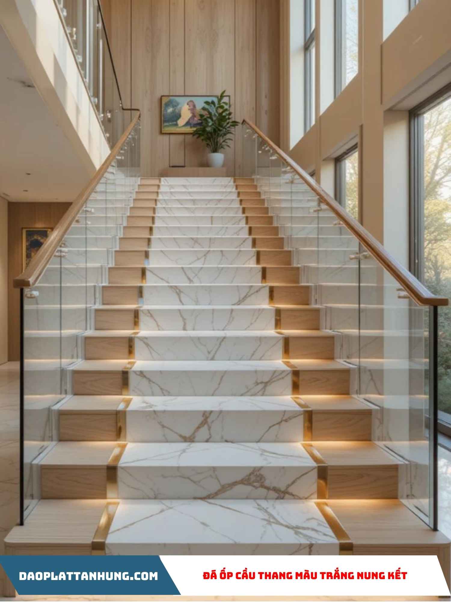 Đá ốp cầu thang màu trắng nung kết
